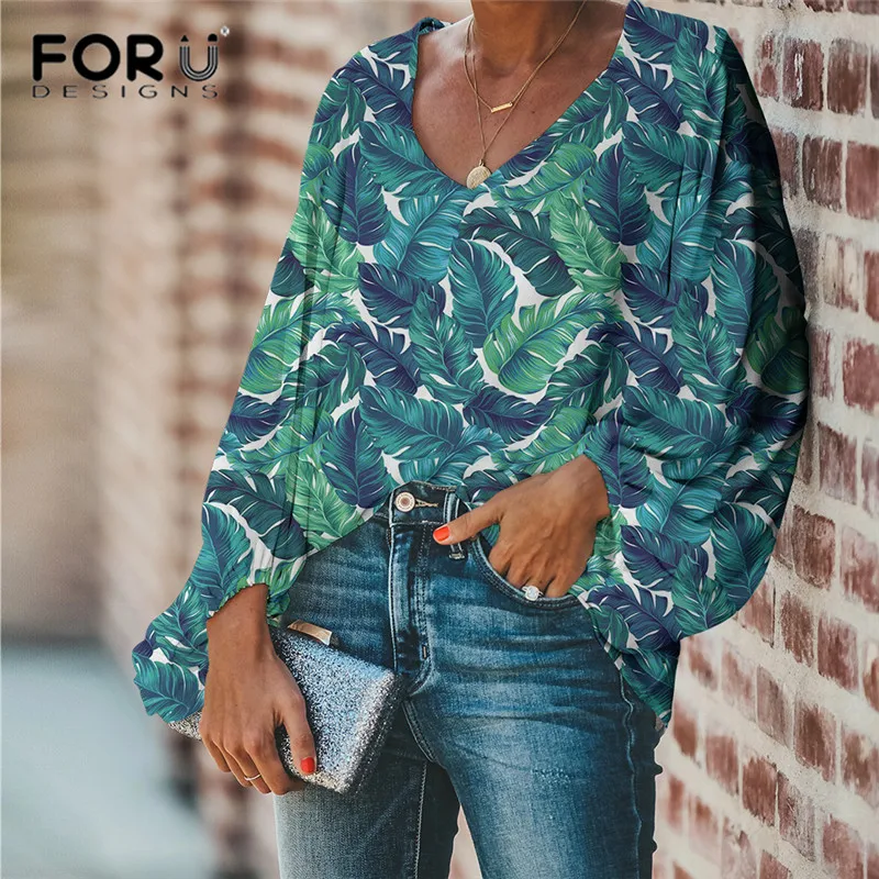 

FORUDEGINS Vintage Women Tops and Blouse Palm Tropical Leaves Patternn Hawaii Style V-Neck Clothes Ropa Mujer Blusa Feminina