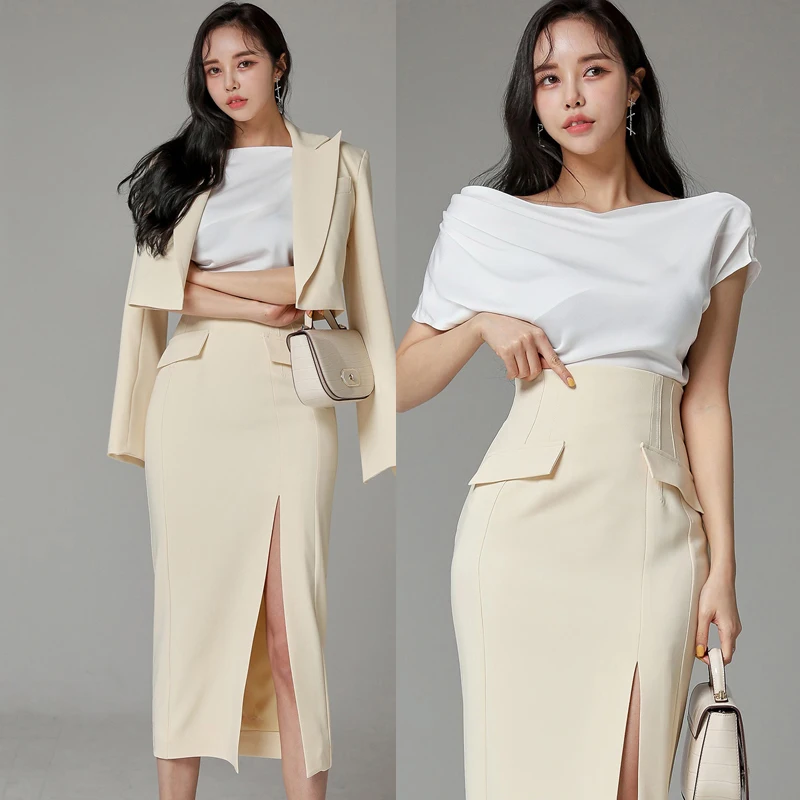 

Women Office Solid Color 3 Piece Set Tops And Skirt Casual Suit Blazer With Sexy Blouse Three Piece Set Work Wear