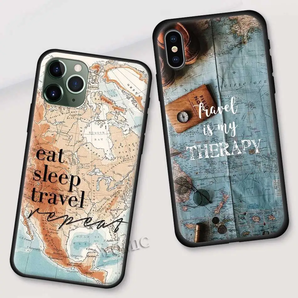 Soft Cases for Apple iPhone 12 Mini 11 Pro 7 8 XR X XS MAX Black Phone Bag For 6 6S Plus 5 5S SE 2020 Tpu Cover World Map Travel