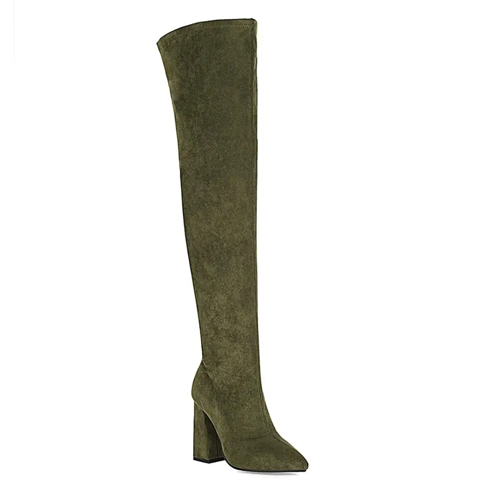 

Сапоги выше колена с заостренным носком на очень высоком толстом каблуке и принтом питона, теплые замшевые сапоги темно-зеленого цвета с бо...