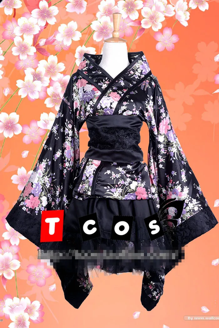 Кимоно для косплея женское праздничное черное кимоно с изображением цветущей