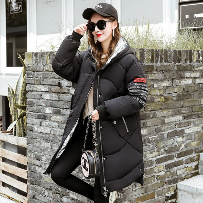 

winter female new medium parkas mujer loose with a hood blue down jacket lady thick pure color black warm leisure women's coats