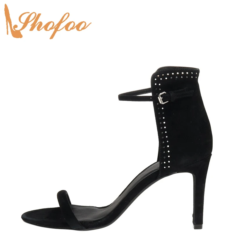 

Женские босоножки на шпильке, черные босоножки на высоком каблуке с кристаллами, с открытым носком и ремешком с пряжкой, летняя сексуальная модная обувь больших размеров 42 43, Shofoo