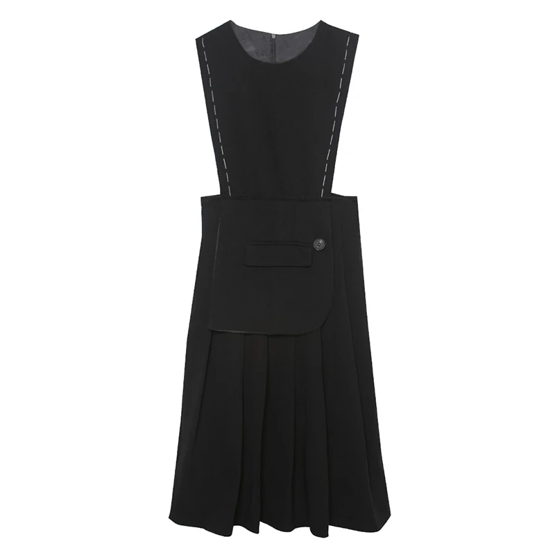 

[EAM] Women Black Pleated Pocket Irregular Casual Dress New Round Neck Sleeveless Loose Fit Fashion Spring Summer 2021 1DD8308