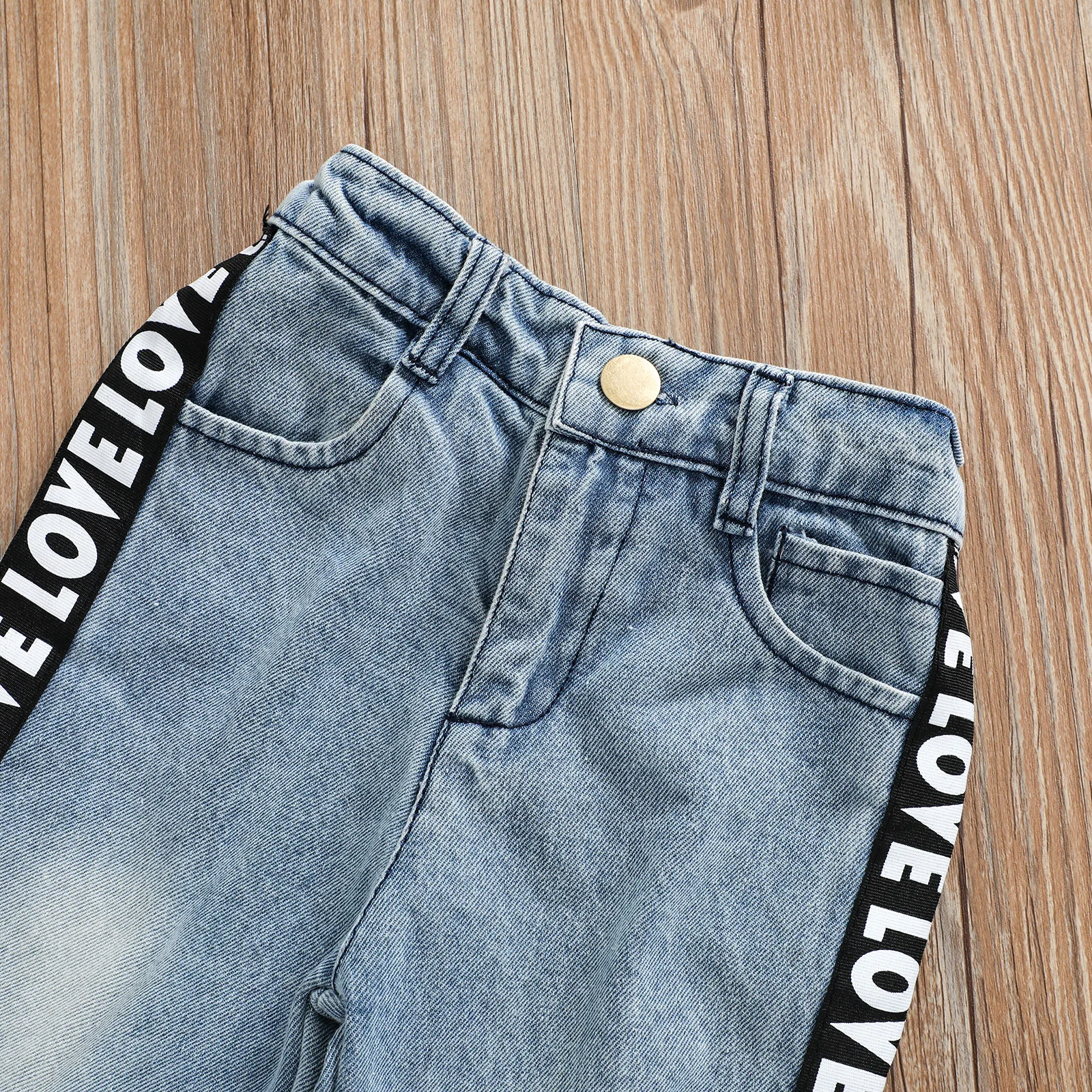 

1-5Y Girls 2PCS Clothes Set T-shirt and Trousers Suit Fashion Solid Color Boat Neck Tops and Stitching Denim Pants Outfits