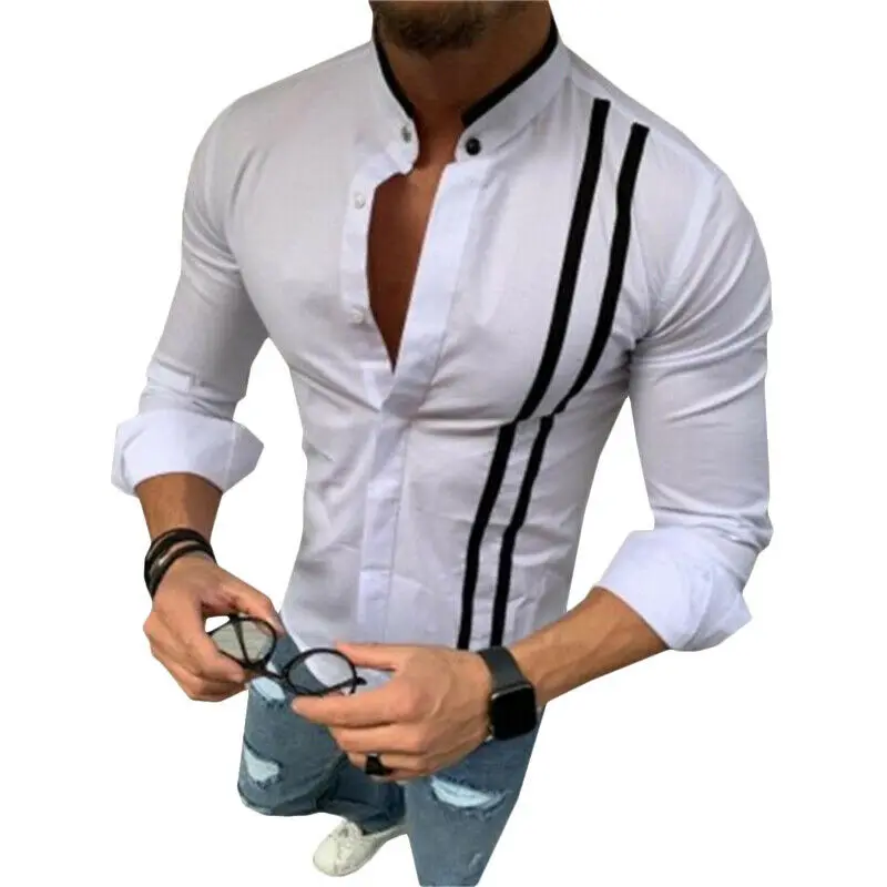 

Рубашка Unisersal мужская с воротником-стойкой, модная Повседневная Формальная приталенная сорочка на пуговицах, с длинным рукавом, L