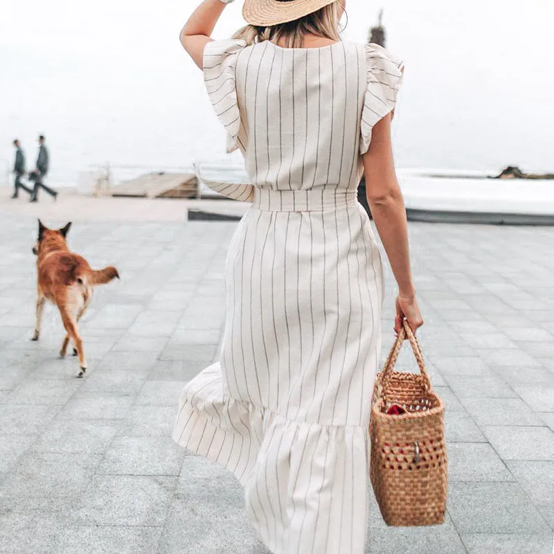 

New Arrival Elegant Women Striped Long Dress Summer Casual Single Breasted Flare Sleeves Dress