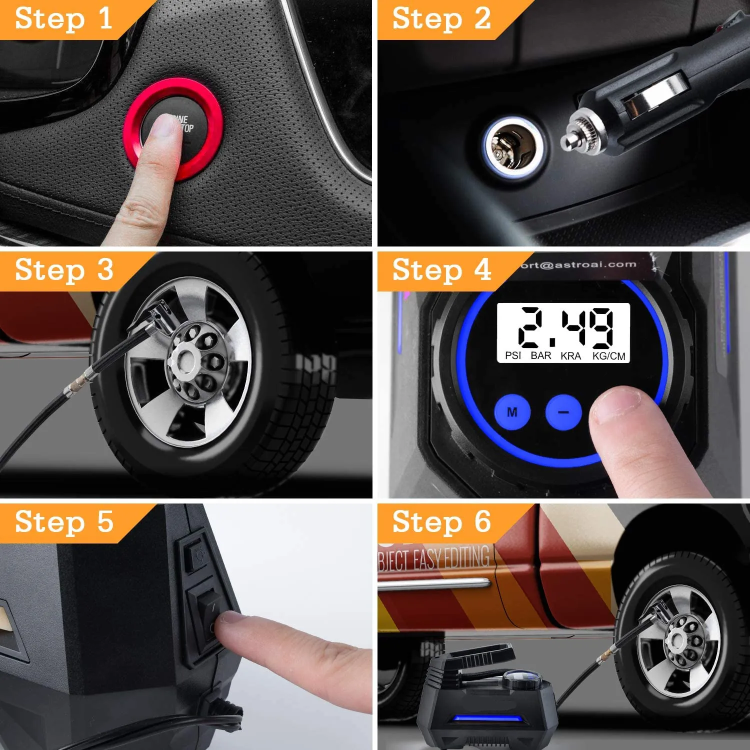 

12V DC Auto Tire Pump with Digital Pressure Gauge Air Compressor Tire Inflator Portable Air Pump 100PSI with Emergency light