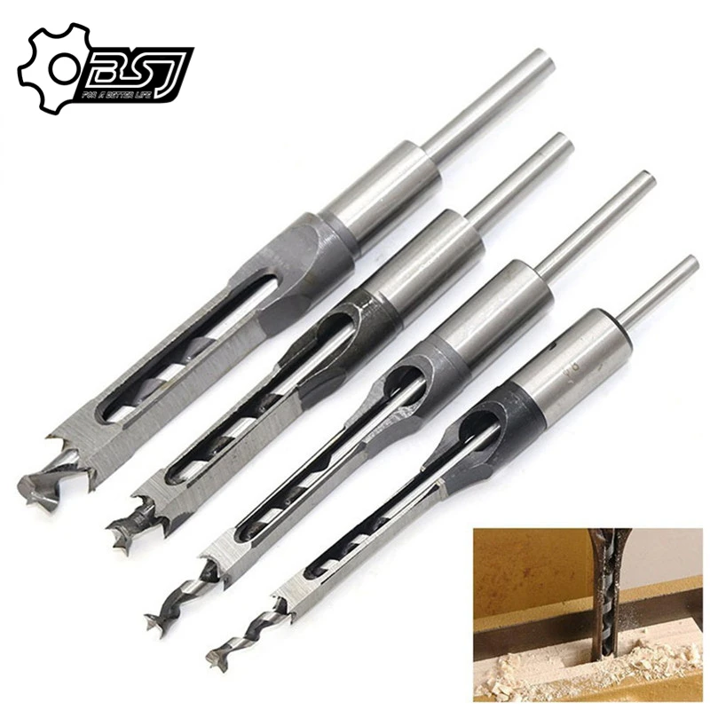 

4PCS HSS Twist Drill Bits Square Auger Mortising Chisel Drill Set Square Hole Woodworking Drill Tools Kit Set Extended SawTP-021