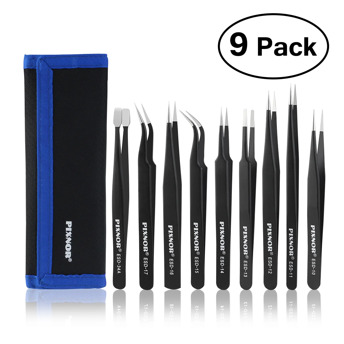 

9pcs Premium Anti-static ESD Stainless Steel Tweezers Set with Case for Electronics / Jewelry-making / Laboratory Work /