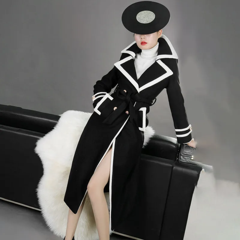 LANMREM 2020 ветровка Женская длинная Весенняя Новинка приталенное черное шерстяное