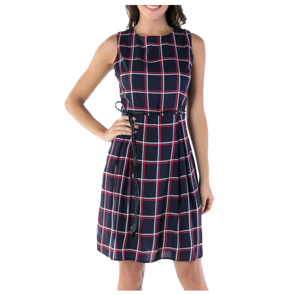 Женское клетчатое летнее винтажное платье элегантное без рукавов с круглым