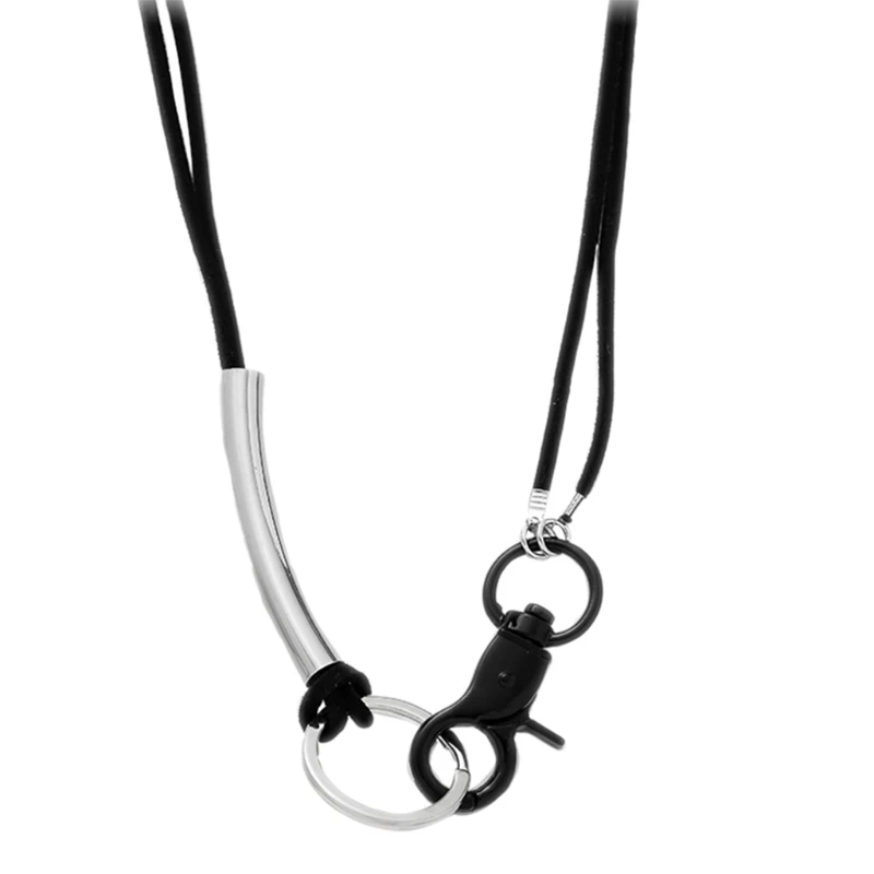 

Large Metal Buckle Pendant Black Leather Long Necklace for Boys Girls L5YB