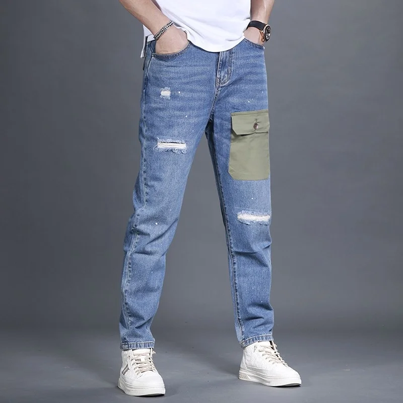 Hole Summer Ripped Mens Jeans Loose Straight Casual Pants High Street Vintage Denim Pants Thin Section Light Blue Cargo Jeans