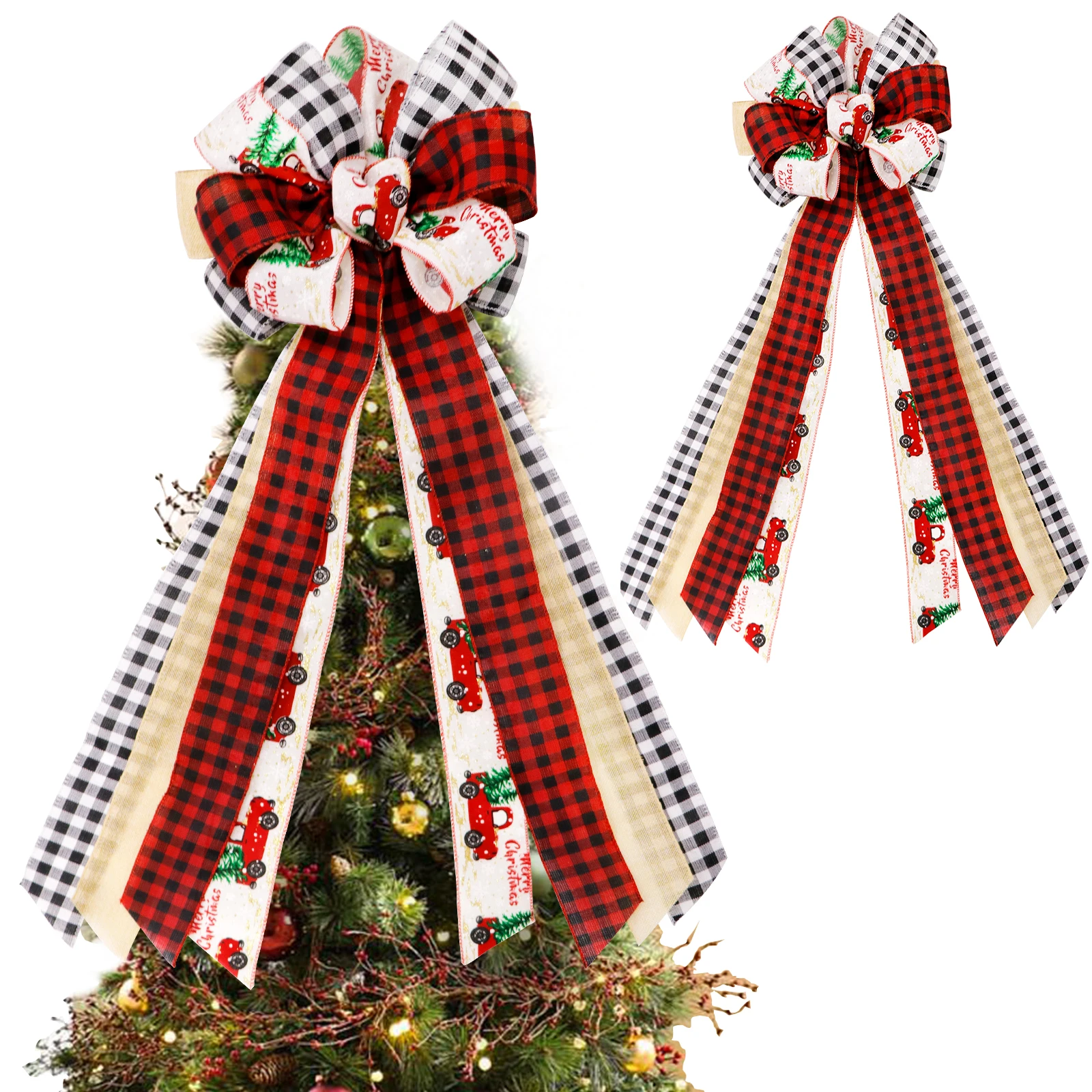 

OurWarm Christmas Tree Topper Bow Buffalo Plaid Christmas Decorations Handmade Burlap Bows for Home Yard Living room decoration