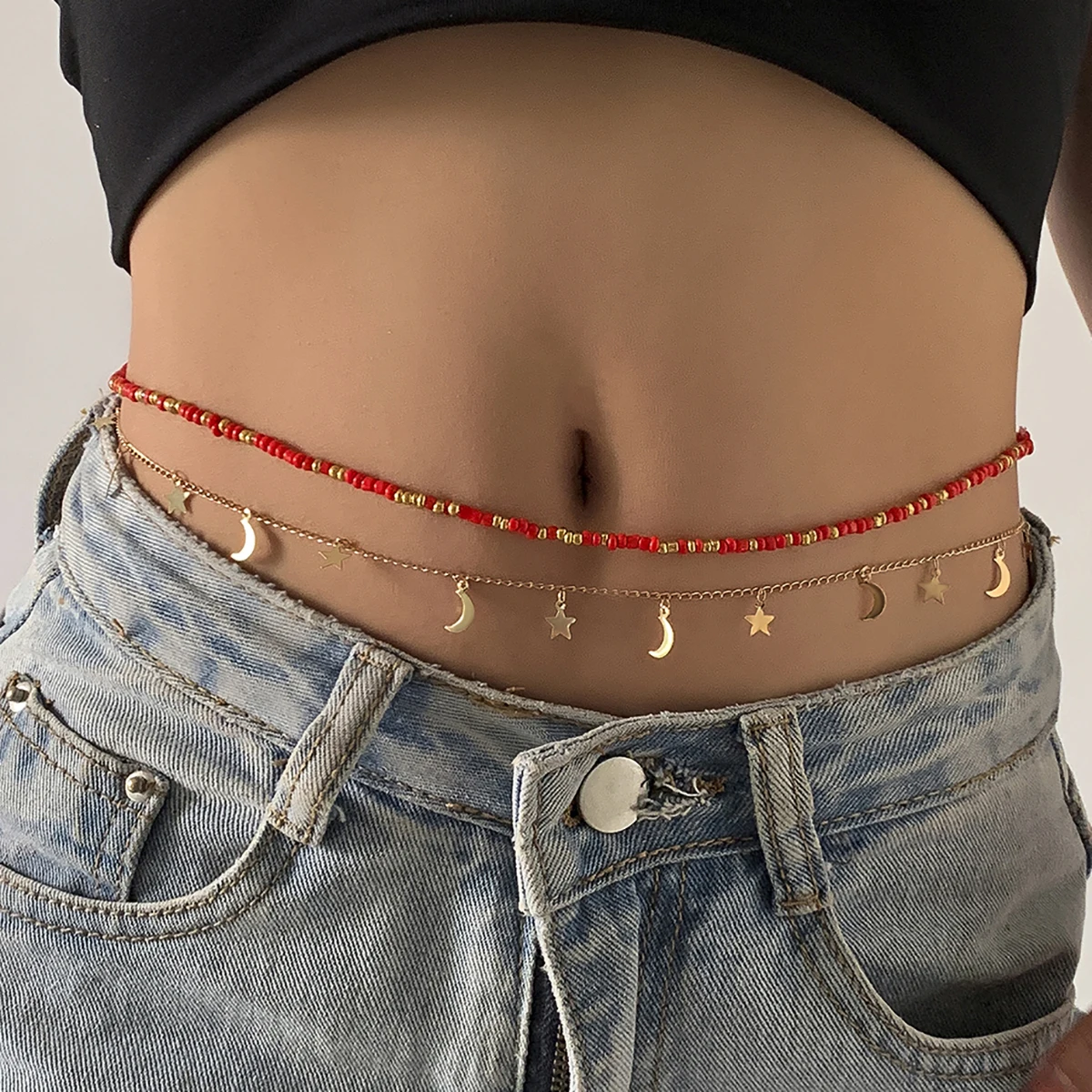 

SHIXIN Sexy Body Chains Set for Women Bead Waist Chains Lanyard Moon/Star Pendant Thin Chains Waist Jewelry Belt Female Designer