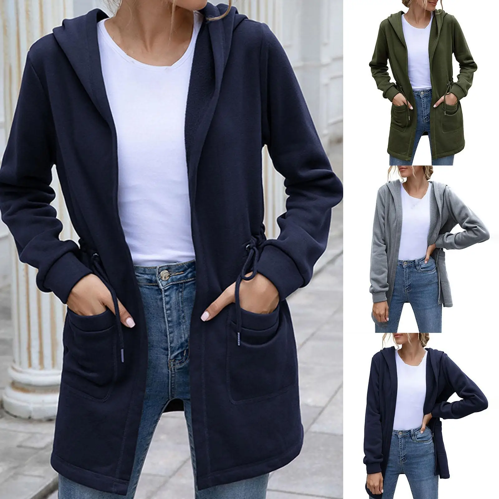 

Women Autumn Winter Sweatshirt Waist Drawstring Hooded Coat Open Front Mid-length Sports Cardigan