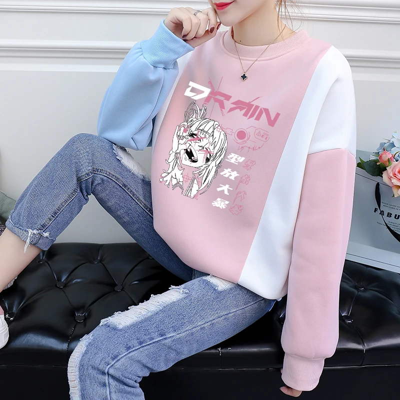 

Autumn Winter Fleece Anime Hoodies Women Harajuku Kawaii Gothic Print Sweatshirt Loose Casual Colorblock Spliced O-neck Pullover
