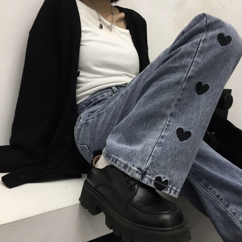 

Korean style retro embroidery love heart high waist straight leg casual jeans trousers women