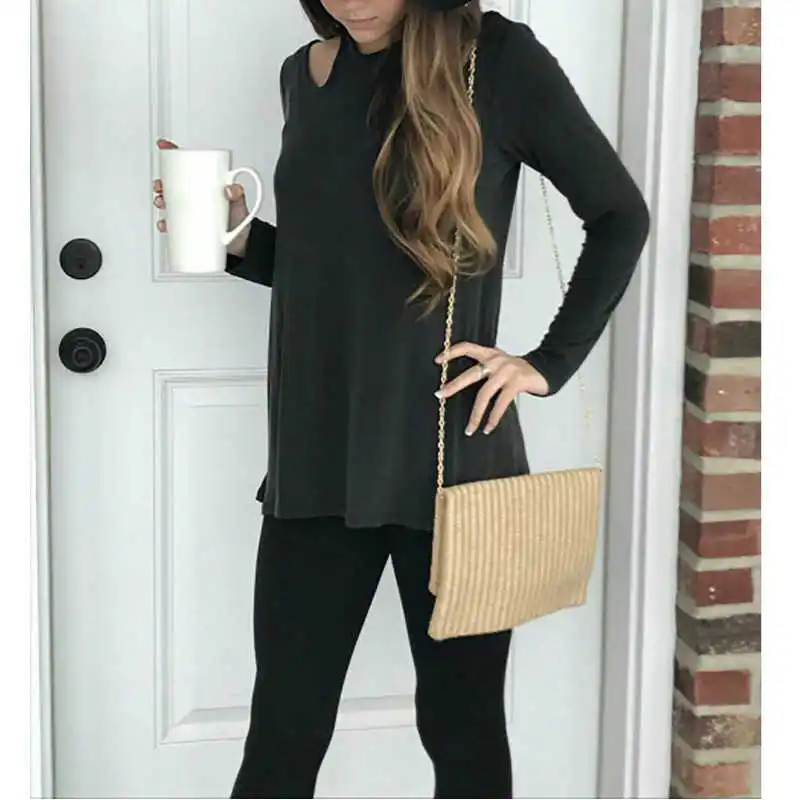

Fashion Black Pullovers Plain Long Sleeve Tee 2019 Autumn Casual Women Modern Lady Top