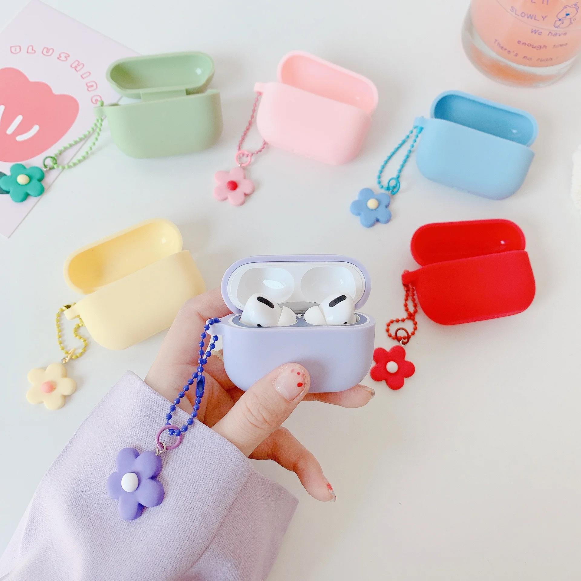 

Solid Color Flower Soft Clear Silicone Earphone Shell For Apple Airpods 3 Bracelet Accessories Protective Bag Box Key Ring Cover