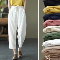 2021 summer autumn women cotton linen pants loose casual elastic waist ankle length trousers capri cropped plus size harem pants