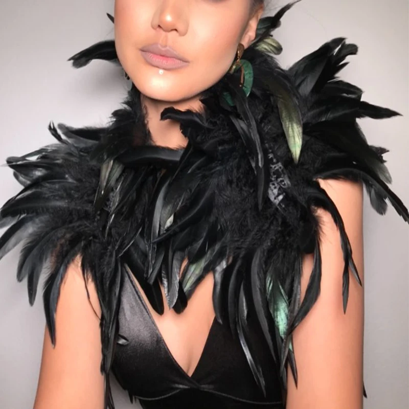 

Shoulder Wraps Cape Gothic Collar Black Natural Feather Shrug Shawl Cosplay Party Body Cage Harness Bra Belt Feather Fake Collar