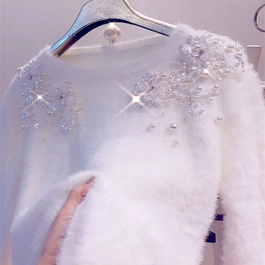 

Luxury autumn winter heavy industry beaded glittering sequins sweater women three-dimensional flowers pullovers