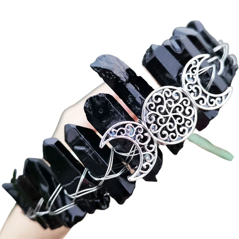 

Boho Hollow Out Antique Moon Crown Headband Handmade Colorful Raw Quartz Crystal Tiara Hair Hoop Bride Wedding Headdress