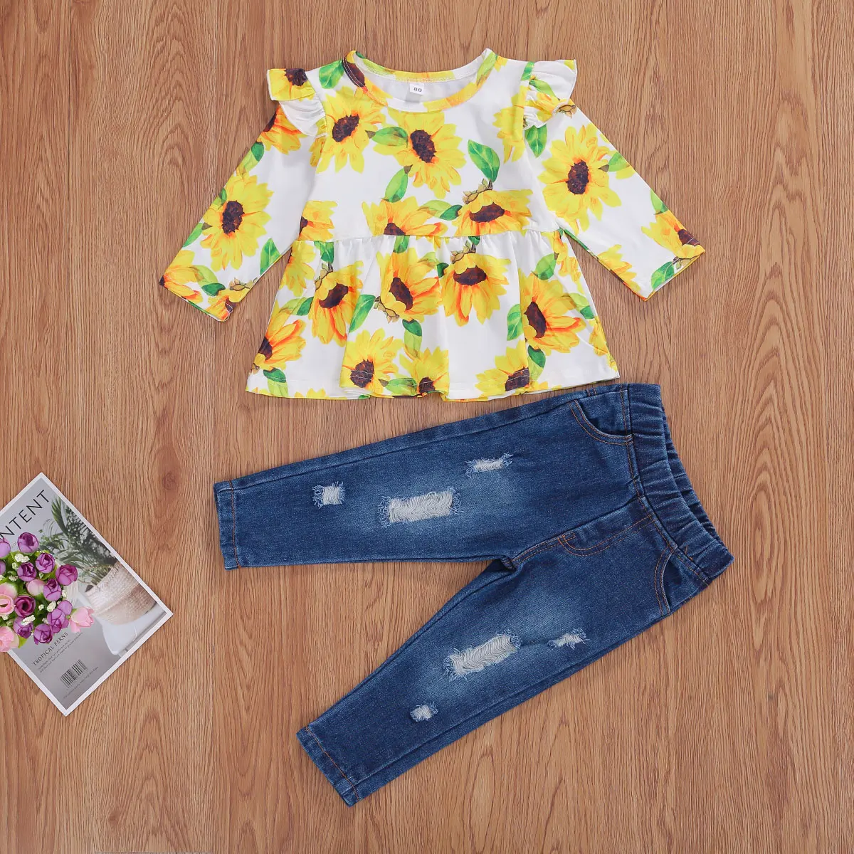 Детская футболка с длинным рукавом и цветочным принтом | одежда обувь