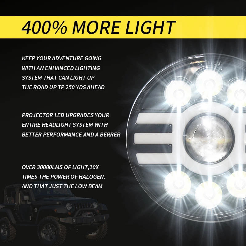 

Waterproof 7 Inch H4 LED Headlights 500W Hi/Low Beam Angel Eye DRL Headlight for Jeep Wrangler YJ XJ Cherokee Off Road