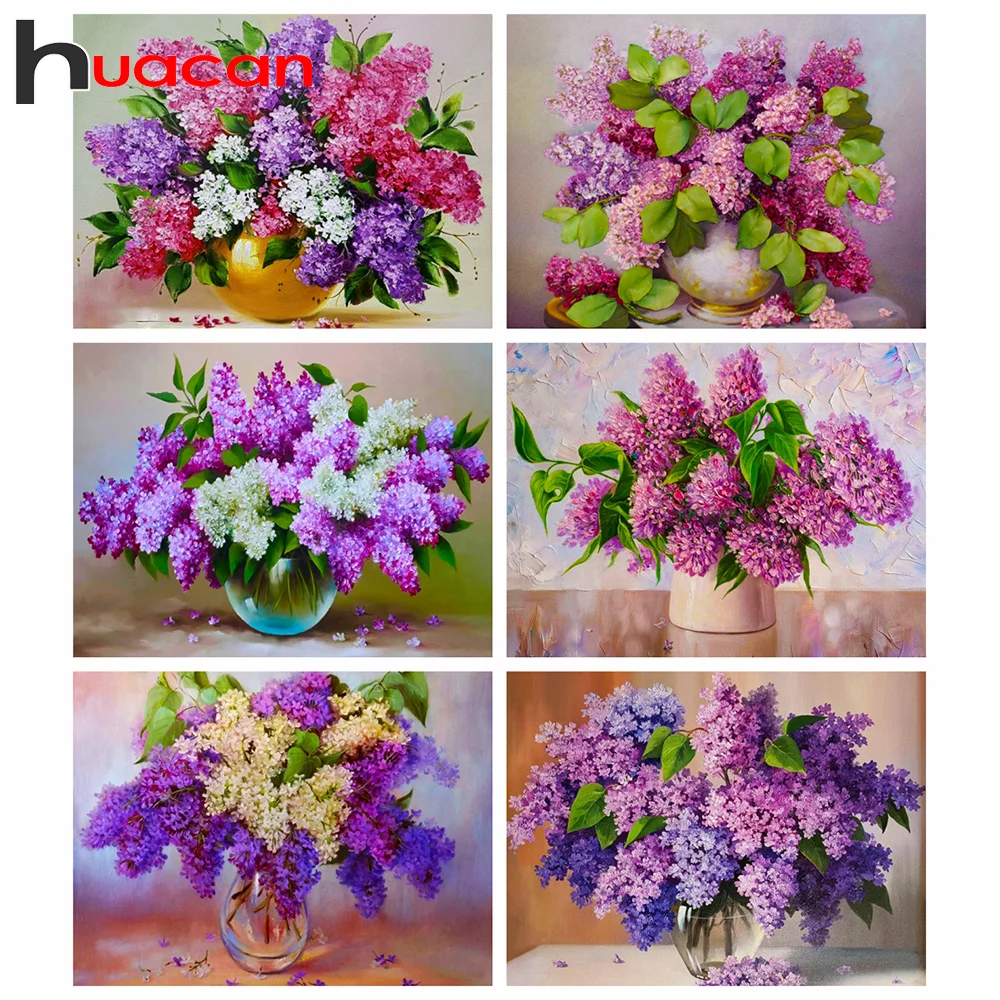 Huacan DIY Diamond Art Painting Kits Lilac Flower Diamond Embroidery Mosaic Vase Paintings For Interior Bedroom Decoration