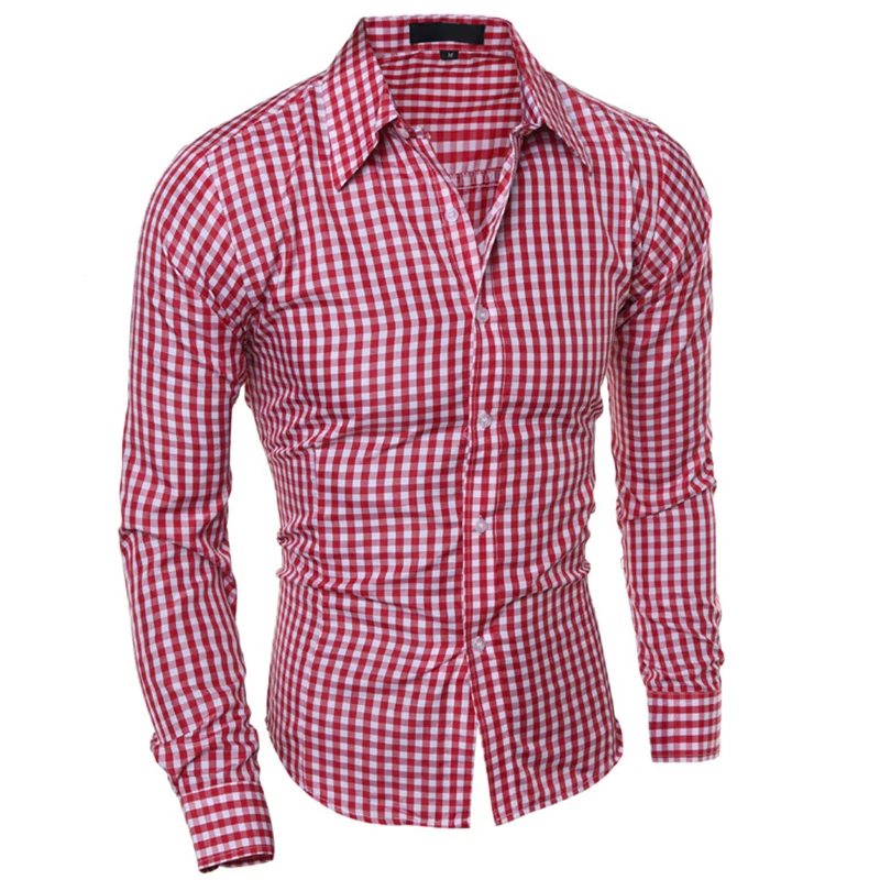 Модная мужская одежда Slim Fit для мужчин рубашка с длинными рукавами в клетку