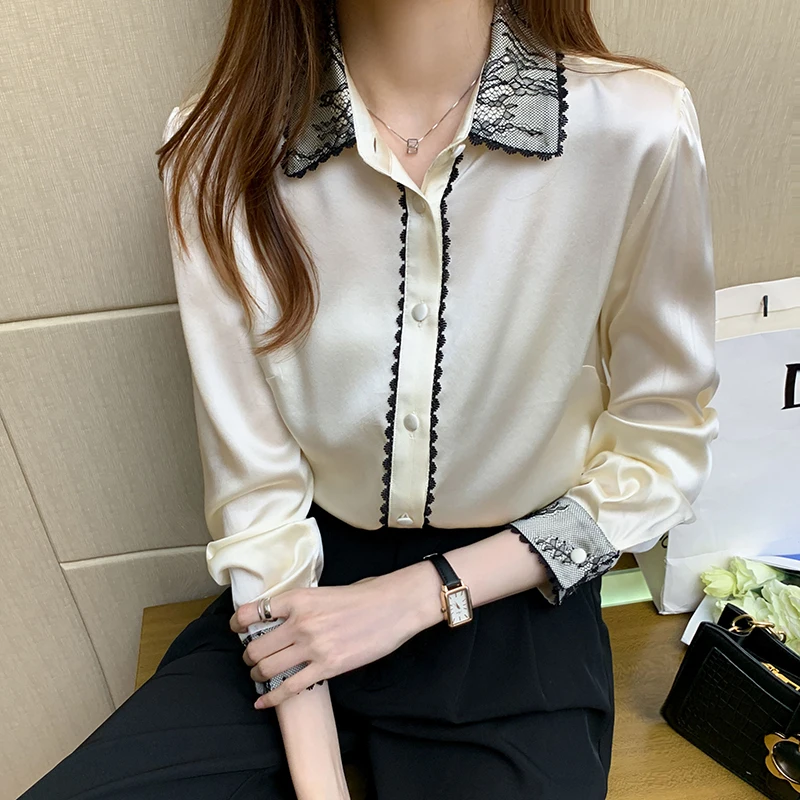 

2022 Brand New Women Silky Blouse Lace Collar Long Sleeve Women Satin Blouse High Quality Female Blouse Tops Chemise Blusa