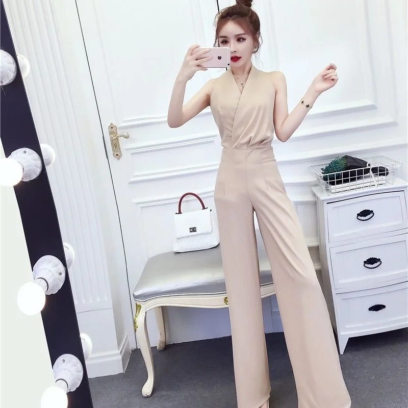 

2021 Summer V-neck Sexy Halter Backless Jumpsuits Women Solid Color Full Length Wide Leg Pants Ladies Party Overall Outfit Y482