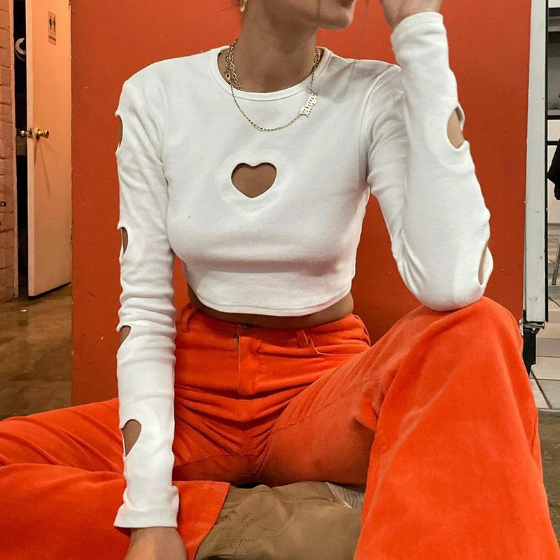 

Dourbesty Y2k Fairycore Women's Round Neck Short Tops Hollow Out Hearts Crop Tops Long Sleeve Tee T-Shirts Grunge Streetwear