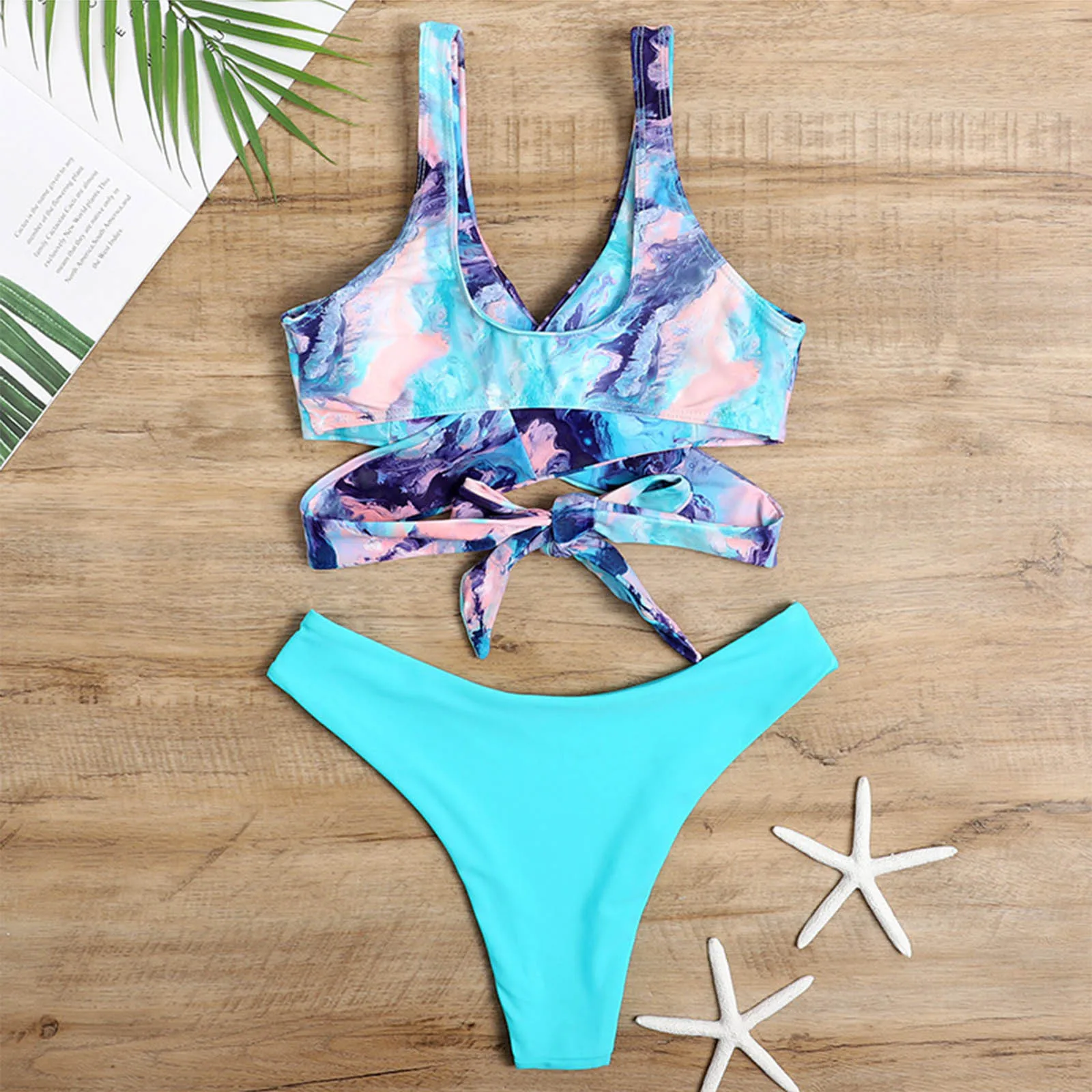 

2021 New Women's Printing Swimsuit Tie Dyed Split Swimsuit Sexy Cross Bikini Maillot De Bain Femme Push-up Bra