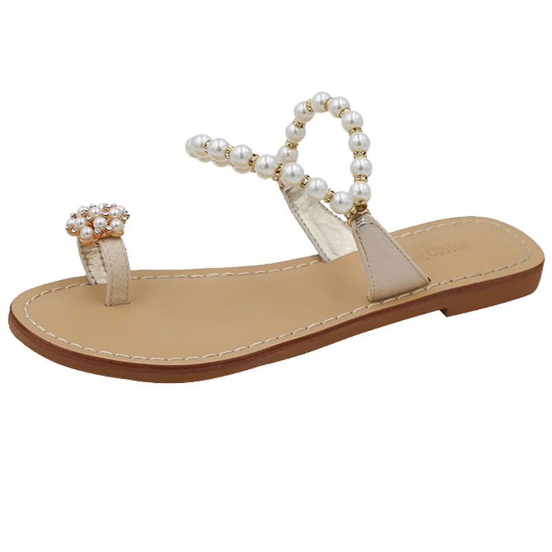 

Woman Slipper Pearl Clip Toe Lady Shoe Summer String Bead Outdoor Slippers Sandals Beach Shoes Flats Slides Flip Flops Sandalias