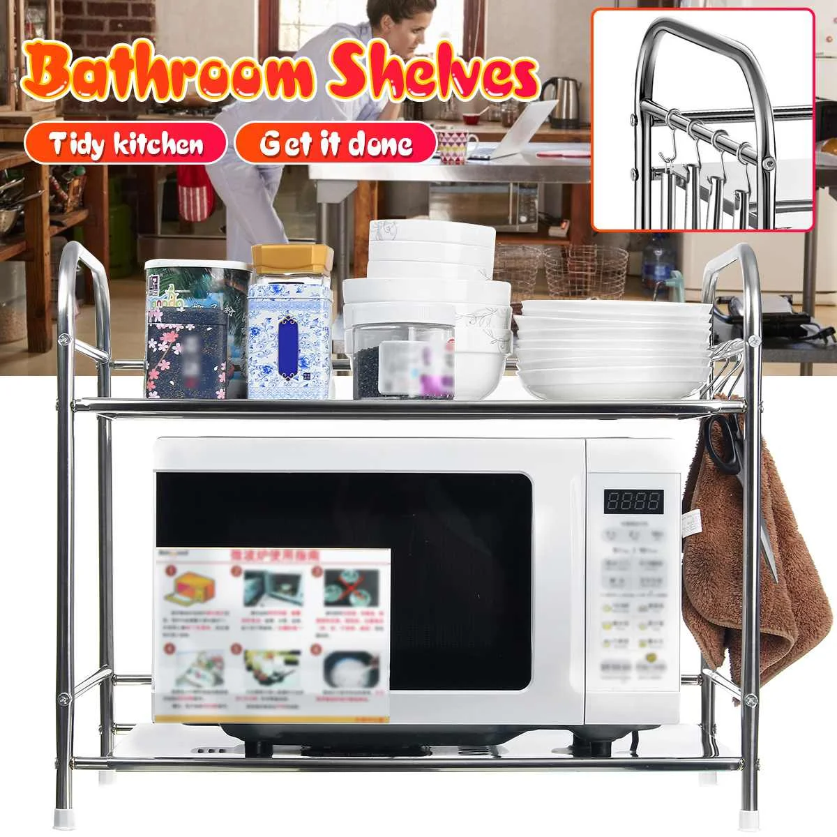 

2-Tier Stainless Steel Kitchen Storage Rack Bathroom Shelf Tableware Microwave Oven Stand Home Office Shelf Organizer Holder