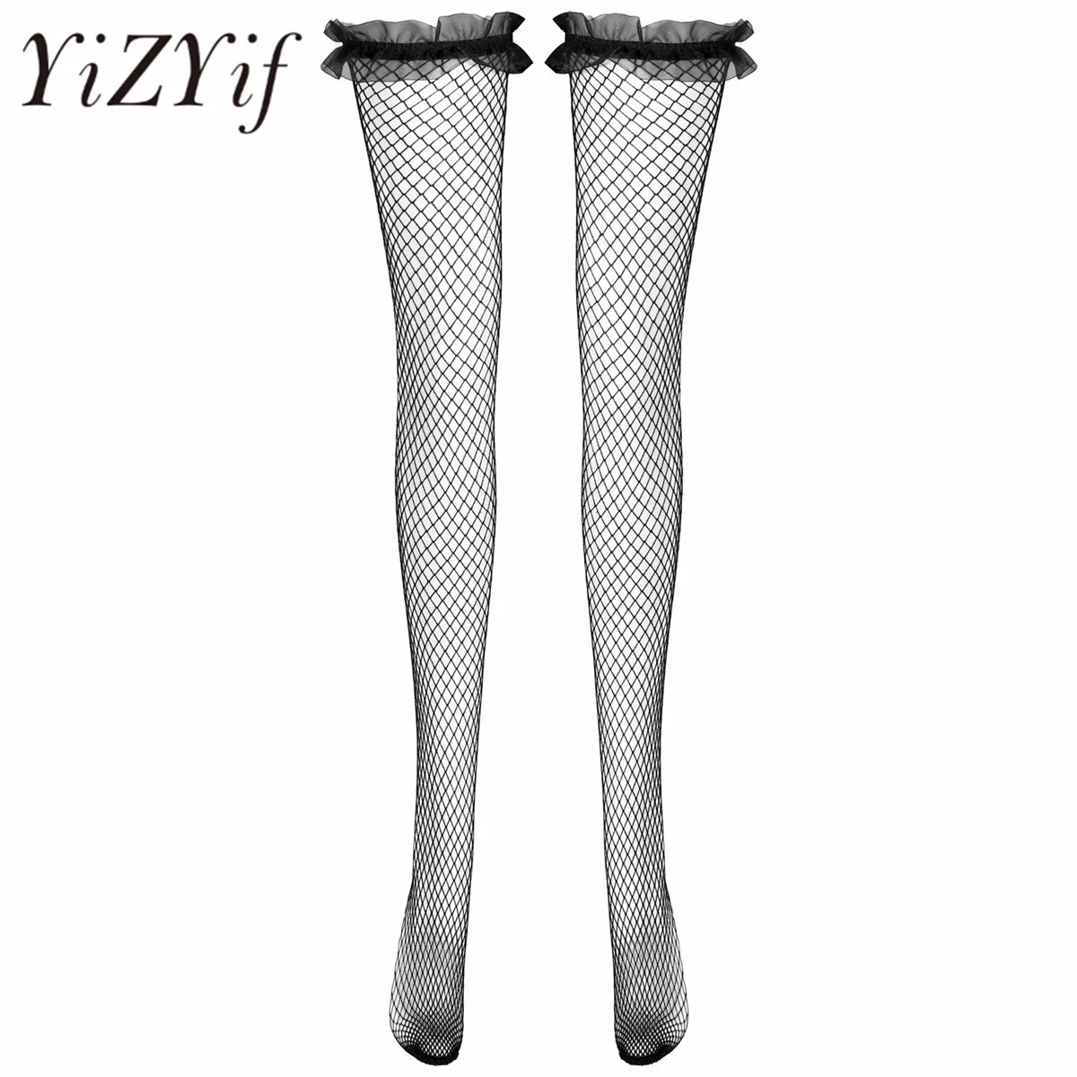 

Sexy Fishnet Transparent Stocking Women Erotic Nightclubs Long Stocking Ruffle Lace Over Knee Suspender Silk Thigh High Stocking