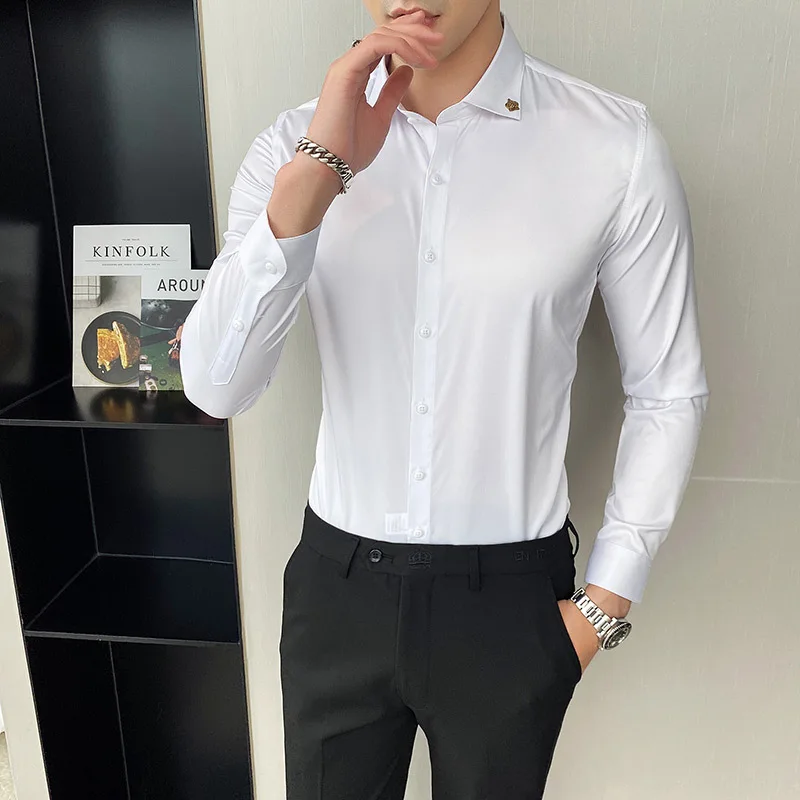 

2021 new men's shirt business men's solid color elastic long sleeve professional dress white shirt