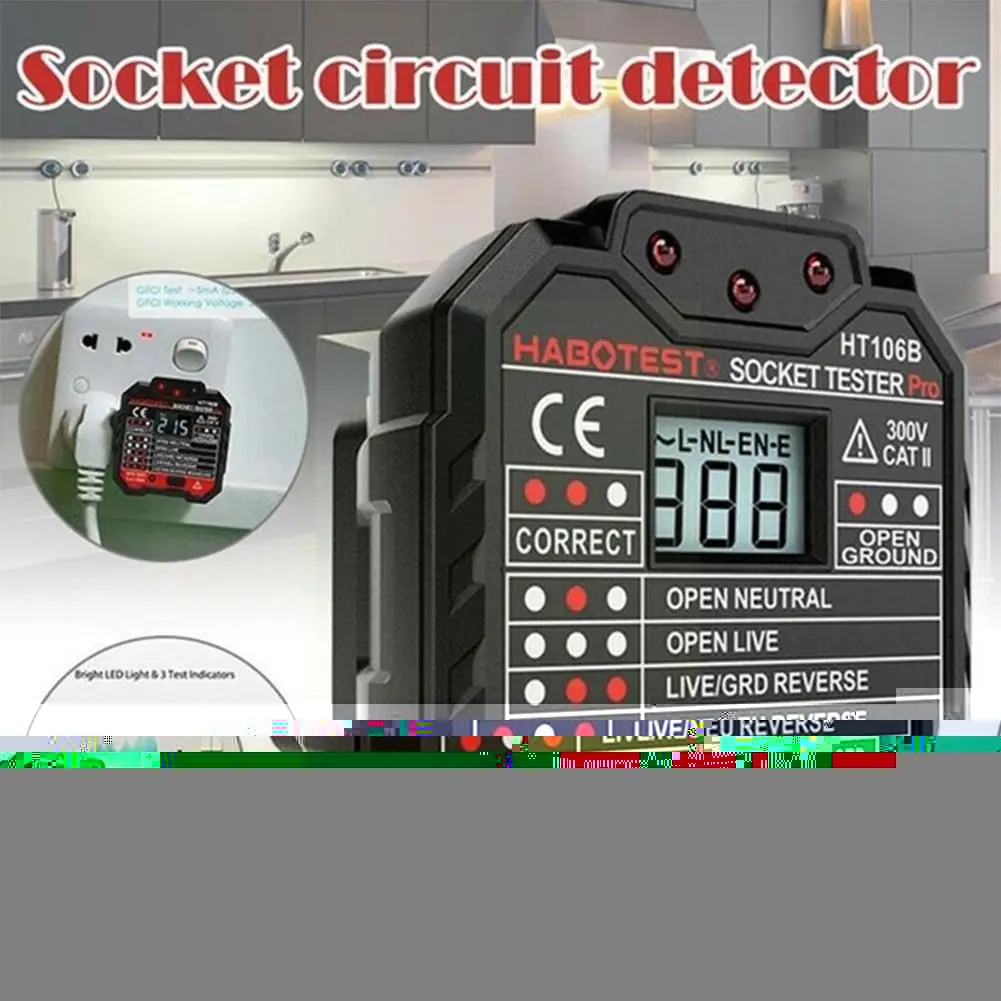

1Pcs HT106 Socket Tester Pro Voltage Test Socket US Ground Zero Display Line Polarity Phase Plug LCD With EU Check Plug Z3C0