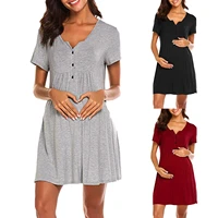 summer pregnant women nightgown dress o neck solid buttons short sleeve maternity dresses clothing pregnancy woman nightgown
