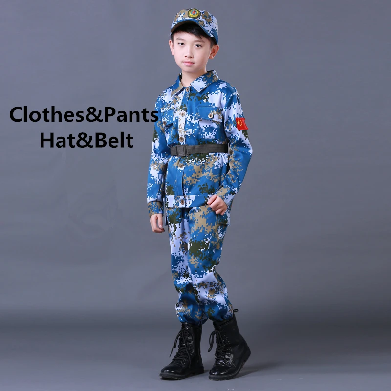 Blue set Hat Belt Детская армейская военная форма, одежда для солдат, детская спортивная камуфляжная длинная куртка+ штаны+ шапка+ ремень, комплект армейской одежды - Цвет: Blue set Hat Belt
