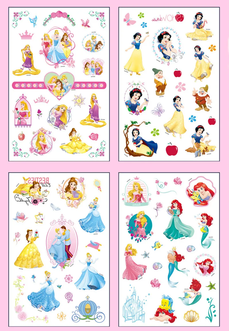 Disney-pegatinas de tatuaje temporal para ni&ntilde;os, juguete de arte corporal de princesa a prueba de agua, pegatinas con caja de regalo-1