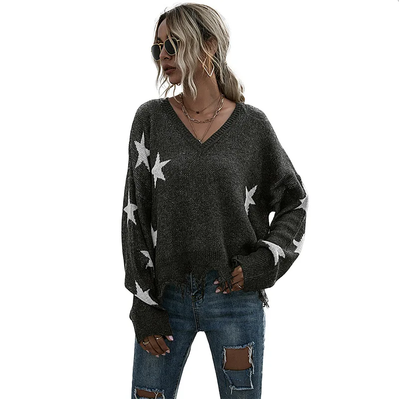 

Star Tassel Knitted Black Loose Sweater Women's Sleeve Autumn and Winter 2020 New Style