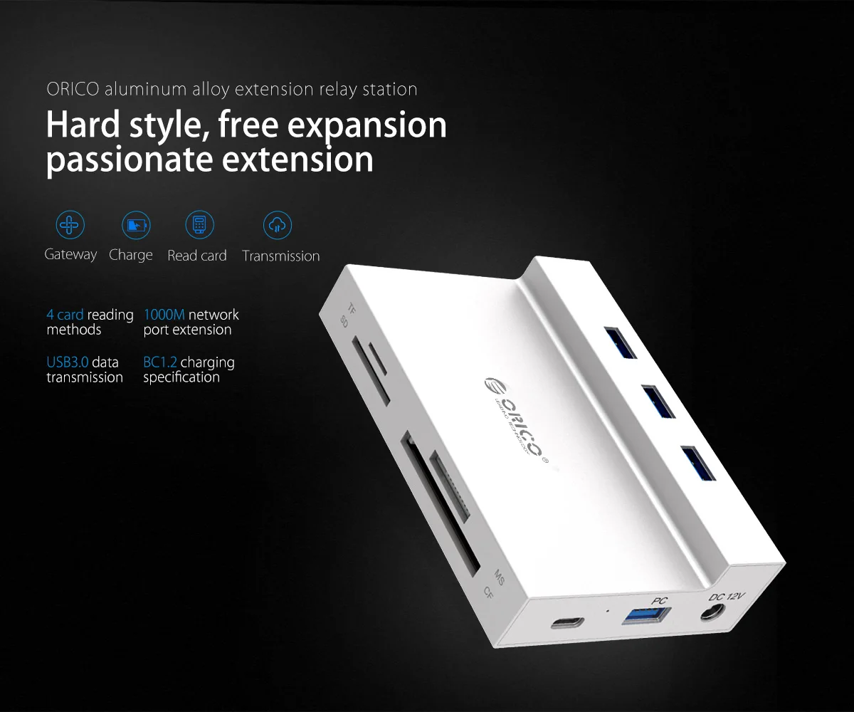 ORICO Мульти USB 3,0 концентратор для RJ45 SD/TF/ms/CF Тип C адаптер OTG сплиттер Поддержка BC1.2 Зарядка для компьютера ноутбука аксессуары