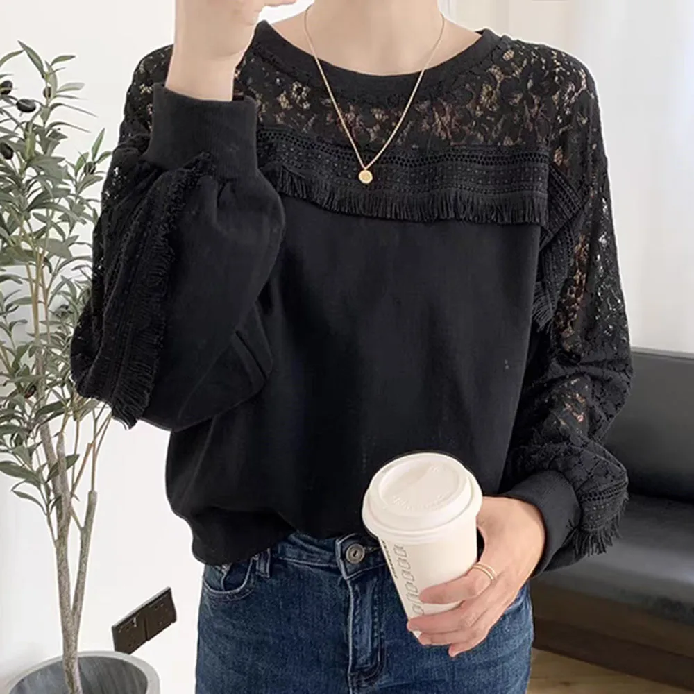 

Hoodie Lace Splicing Hollow Out Embroidery Solid Color Round Neck Long Sleeve Women Casual Autumn 2021 Korean Fashion Simplicity