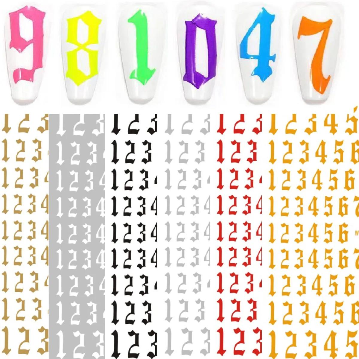 

Gothic Numbers Series Nail Art Sticker Black White Silver Gold Design Adhesive Nail Art Decorations Laser Colorful 3D Nail Decal