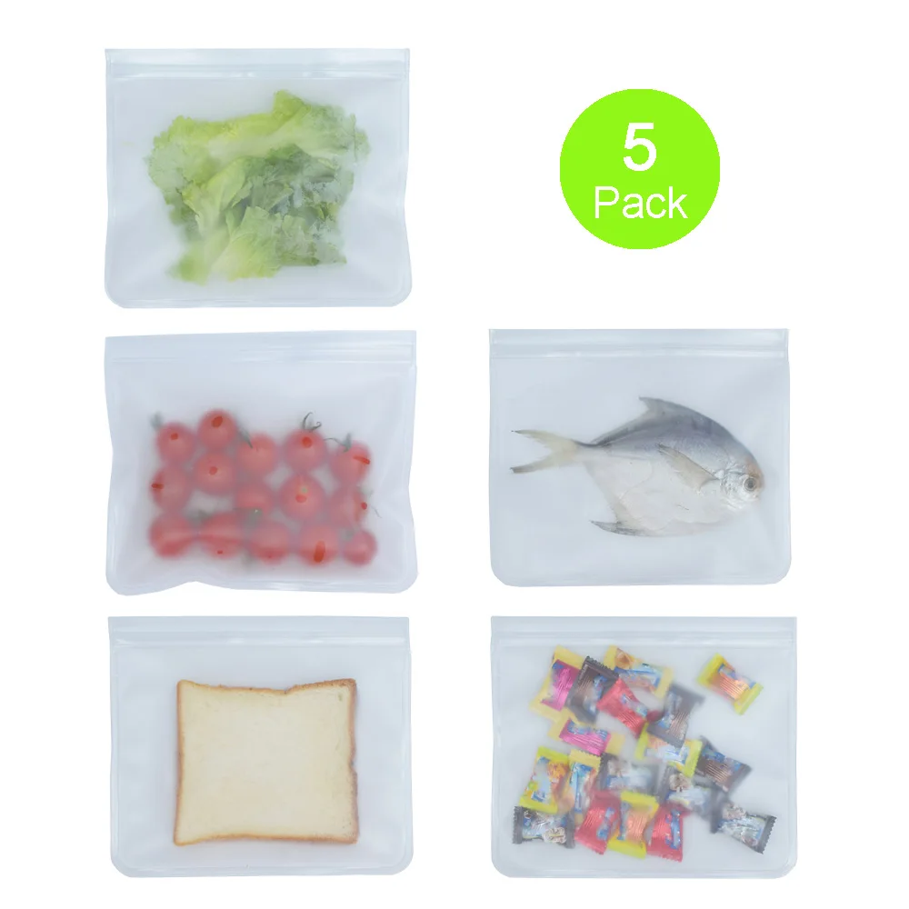 5 Large Силиконовая сумка для хранения еды, многоразовая сумка-морозильник Ziplock, герметичный кухонный органайзер для фруктов, одобрено FDA, BPA бесплатно - Цвет: 5 Large